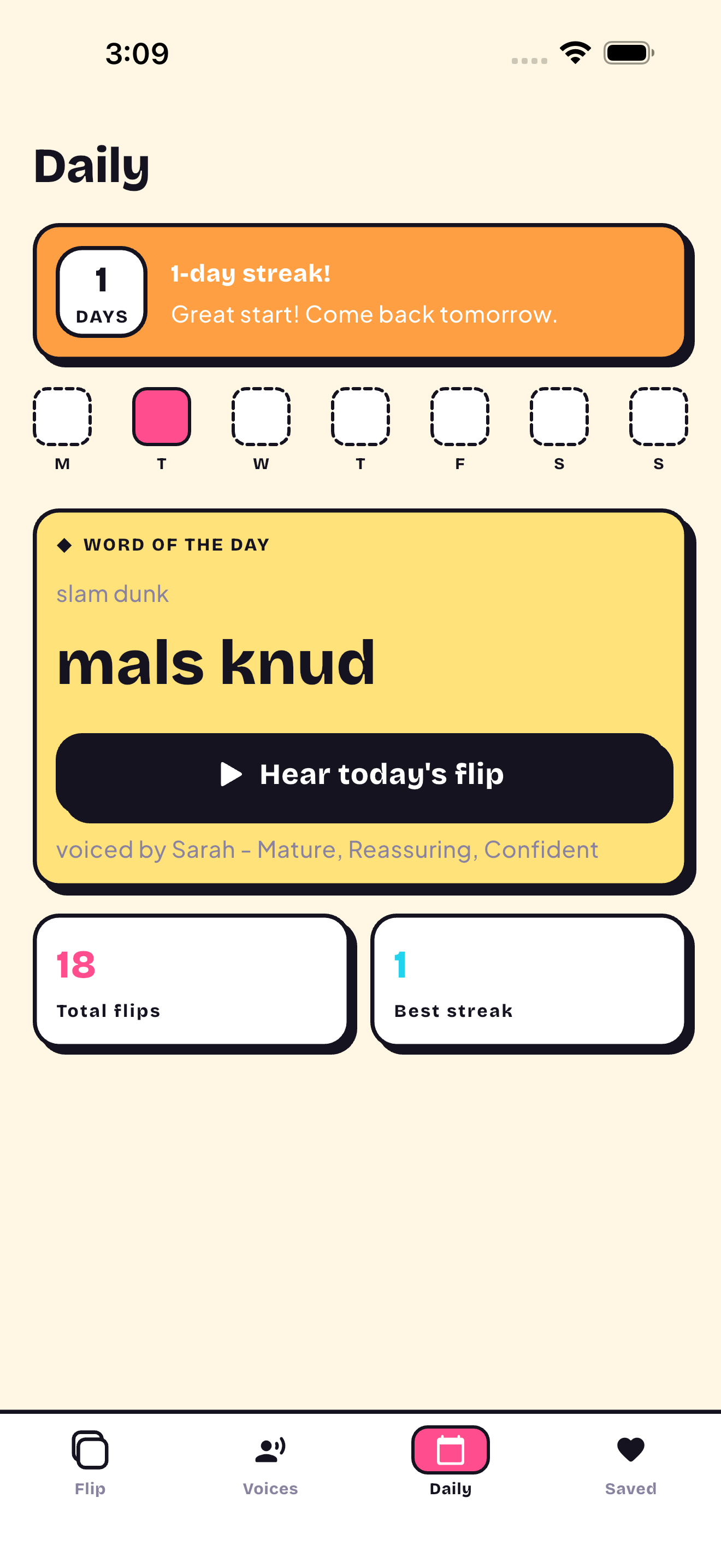 FlipPhonic Daily Word screen with a backwards phrase and streak