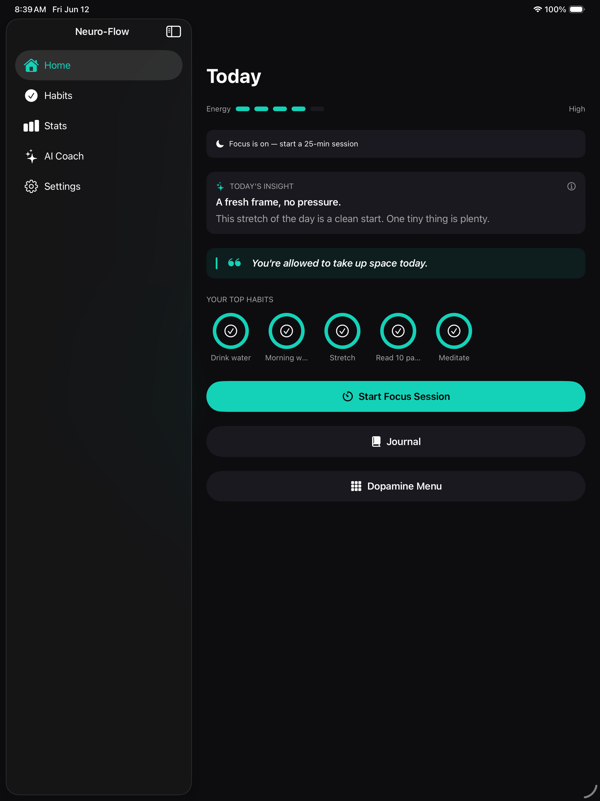 Neuro-Flow home dashboard with habits and focus controls