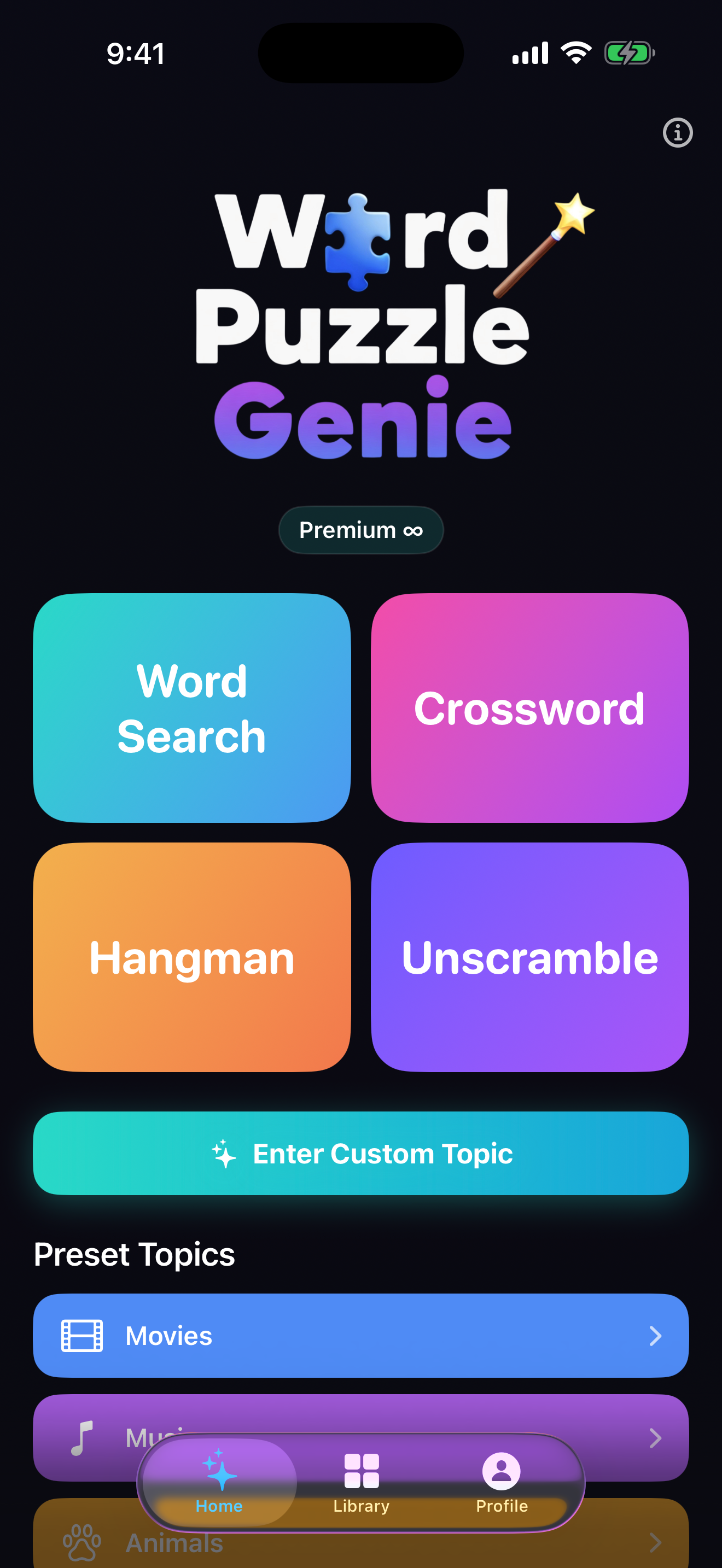 WordPuzzleGenie home screen with four puzzle modes